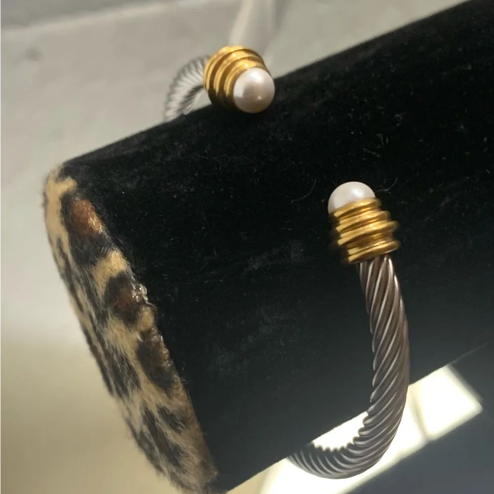 Gold & Silver Pearl Cable Cuff Bracelet - Women Jewelry